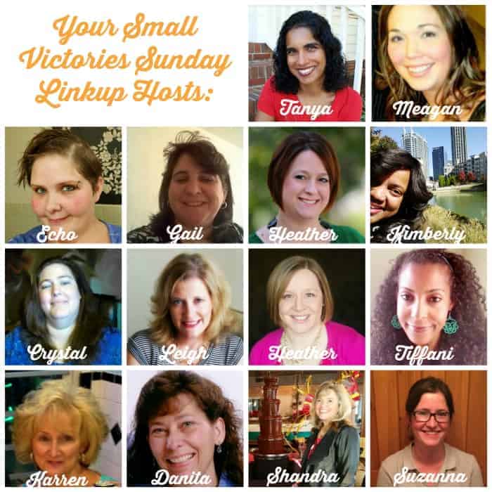 Your Small Victories Sunday Linkup Hosts: Mom's Small Victories, Sunshine and Sippy Cups, The Mad Mommy, Frugal & Coupon Crazy, GeminiRed Creations, Keystrokes by Kimberly, Tidbits of Experience, Hines-Sight Blog, Simply Save, All Inspired Mom, Oh My Heartsie Girl, O Taste and See, Shandra from With Heart Wide Open and One Hoolie Mama
