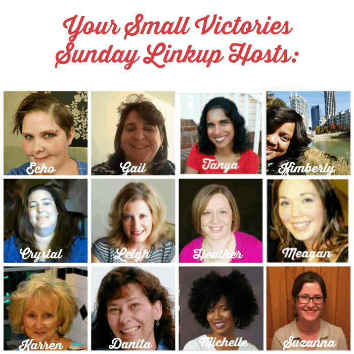 Your Small Victories Sunday Linkup Hosts: Echo from The Mad Mommy, Gail from Frugal &amp; Coupon Crazy, Tanya from Mom's Small Victories, Kimberly from Keystrokes by Kimberly, Crystal from Tidbits of Experience, Leigh from Hines-Sight Blog, Heather from Simply Save, Meagan from Sunshine &amp; Sippy Cups, Karren from Oh My Heartsie Girl, Danita from O Taste and See, Michelle from Divas with a Purpose, Suzanna from One Hoolie Mama