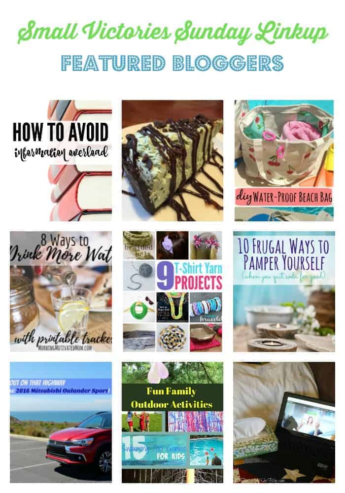 SVS Featured Bloggers 112: How to Avoid Information Overload by Morgan Manages Mommyhood, Grasshopper Thin Mint Cheesecake from Marilyn's Treats, DIY Waterproof Swim Bag from Dazzled While Frazzled, 8 Ways to Drink More Water by Morning Motivated Mom, 9 T-shirt Yarn Project Ideas from The Crafty Blog Stalker, 10 Frugal Ways to Pamper Yourself from Quirky Inspired, Mistubishi Sport from The Mad Mommy, Fun Family Outdoor Activities from Sharing Life's Moments and Is there a Doctor in the House? from O Taste and See