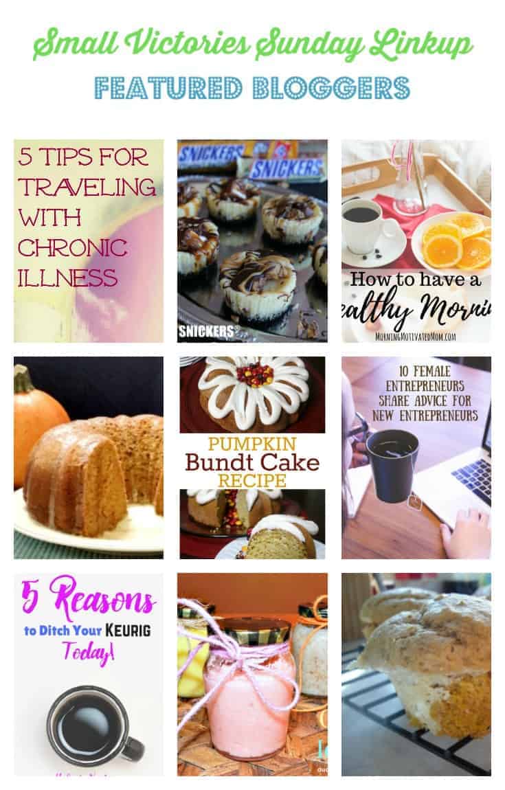 SVS Featured Bloggers 122: Traveling Easier with Chronic Illness from A Life Well Red Snickers Mini Cheesecakes from O Taste and See Blog How to Have a Healthy Morning from Morning Motivated Mom Pumpkin Spice Bundt Cake with Vanilla Butter Sauce from Create with Joy How to make a Pumpkin Bundt Cake Recipe from The Crafty Blog Stalker 10 Female Entreprenuers Share Advice for New Entrepreneurs from Divas with a Purpose 5 Reasons to Ditch Your Keurig Coffee Machine Today from Haley's Vintage The Best Mom Gift You Can Make Yourself from Ducks 'n a Row Pumpkin Cream Cheese Muffins from Little House Living