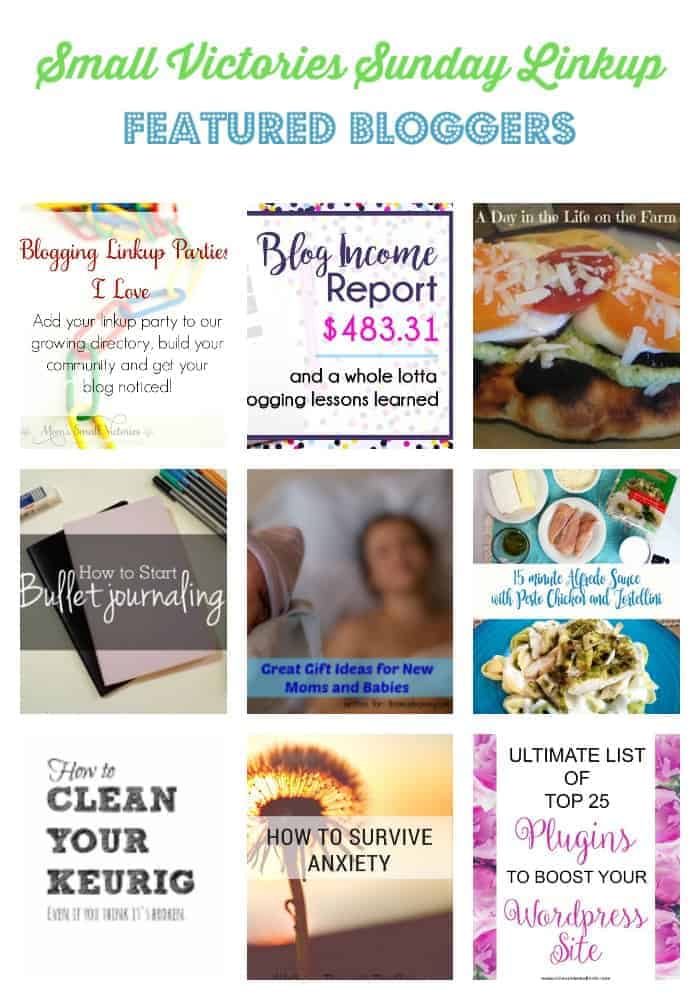 Small Victories Sunday Linkup {120} Featured Bloggers: 6 Reasons Why Link Parties are Worth Your Time + Link Party Directory from Mom's Small Victories, My Very First Blog Income Report from Carly On Purpose, Eggplant Piadina with Pesto Spread from A Day in the Life on the Farm, How to Start Bullet Journaling Video from The Krafty Owl, Great Gift Ideas for New Moms and Babies from The Mad Mommy, 15 minute Alfredo Sauce with Pesto Chicken and Tortellini from The Crafty Blog Stalker, How to Clean a Keurig from Housewife How-Tos, Tips to Survive Anxiety from Walking through the Pages, 25 Top Plugins to Boost Your WordPress Site from Pineapple & Main