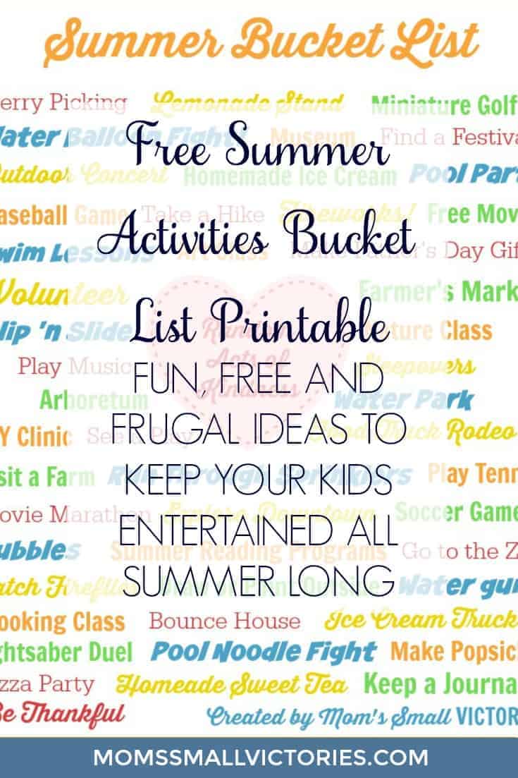Free Summer Activities Bucket List Printable. Fun, free and frugal ideas to keep your kids entertained all summer long! Moms and caregivers, you'll need this so you can always have an answer to your kids saying, "I'm bored, what can we do now?" 