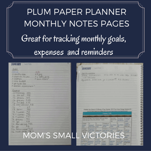 Plum Paper Planner Monthly Note Pages at the start and end of each month are great for tracking monthly goals, expenses and reminders.
