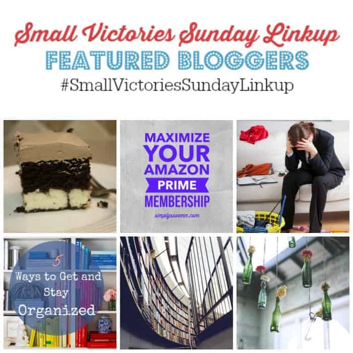 Small Victories Sunday Linkup 84 Featured Bloggers: Italian Love Cake from Don't Sweat the Recipe, Maximize Your Amazon Prime Membership from Simply Save, Why Cleaning is Stressing You Out by Housewife How-To's, 5 Tips to Get & Stay Organized from Simpleigh Organized, 7 Books to Diversify Your Shelves from The Book Wheel Blog and Mother Me Time-Guilt Free New Year from Lindsey Andrews