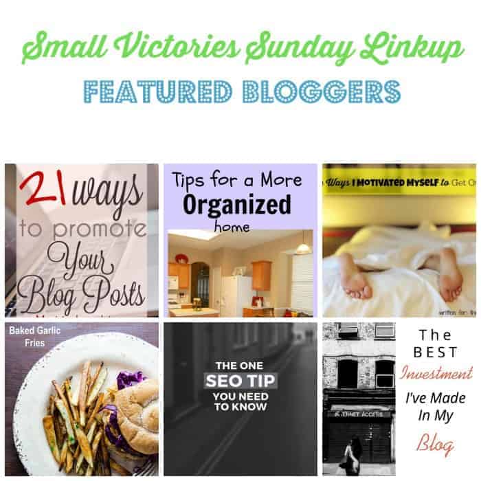 Small Victories Sunday Linkup {94} Featured Bloggers: 21 Ways to Promote Your Blog Post from Lamberts Lately, Tips for a More Organized Home from Daily Momtivity, 4 Ways I Motivated Myself to Get Out of Bed from The Mad Mommy, Baked Garlic Fries from Sidewalk Shoes, The One SEO Tip You Need to Know from Blog-Rite & The Best Investment I've Made in My Blog from The Art of Why Not
