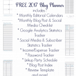 FREE 2017 Blog Planner available for download to Google Drive, Microsoft Excel or PDF includes 36 customizable worksheets to get your blog organized so you can crush your goals in 2017. Includes sheets to keep track of your editorial calendar, to do's, social media promotion, checklists, passwords, income/expense tracker and more!
