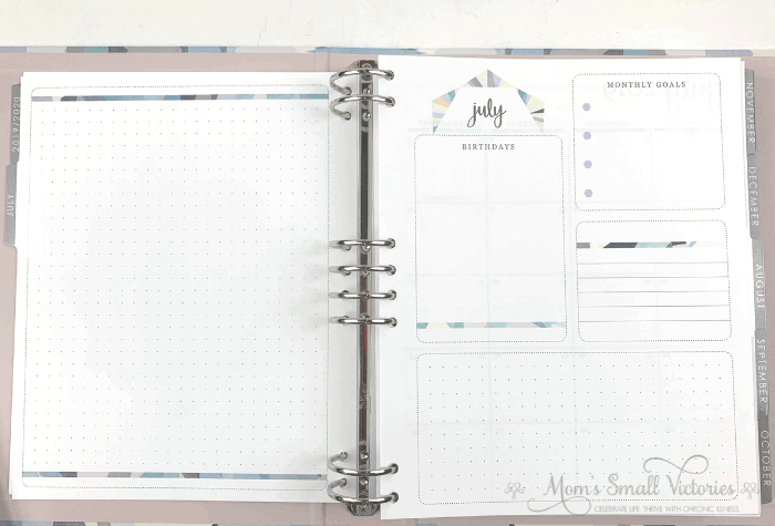 The Erin Condren Life Planner monthly dashboard pages contains one full dot grid page, and a page with birthdays, monthly goals, a small lined box and a larger dot grid box. 