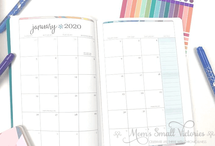 Erin Condren Daily Planner Review. The Monthly calendar is a Sunday start and shows six full weeks so you can jot down what's coming in the first week of the next month. There's also a colorful column for notes. See the post for ideas of how to use the monthly calendar to increase your productivity.