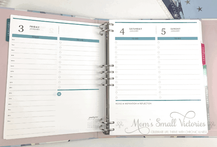 Erin Condren Daily Planner Binder. The daily pages have one page per weekday and Saturday and Sunday share a page. Plenty of space for tracking your busy schedule and to do list. See a complete Erin Condren binder review here. 