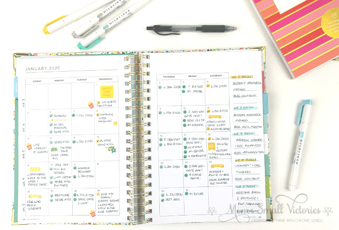 How to Use the Power Sheets 2020 monthly calendar for your schedule. I used color coding dots for all the appointments and events we had going on in January and checked off each one as completed. I tracked family time and happy memories too. The sidebar I used for weekly goals to focus on for home and blog.  #powersheets #powersheets2020 #goalplanners #momssmallvictories