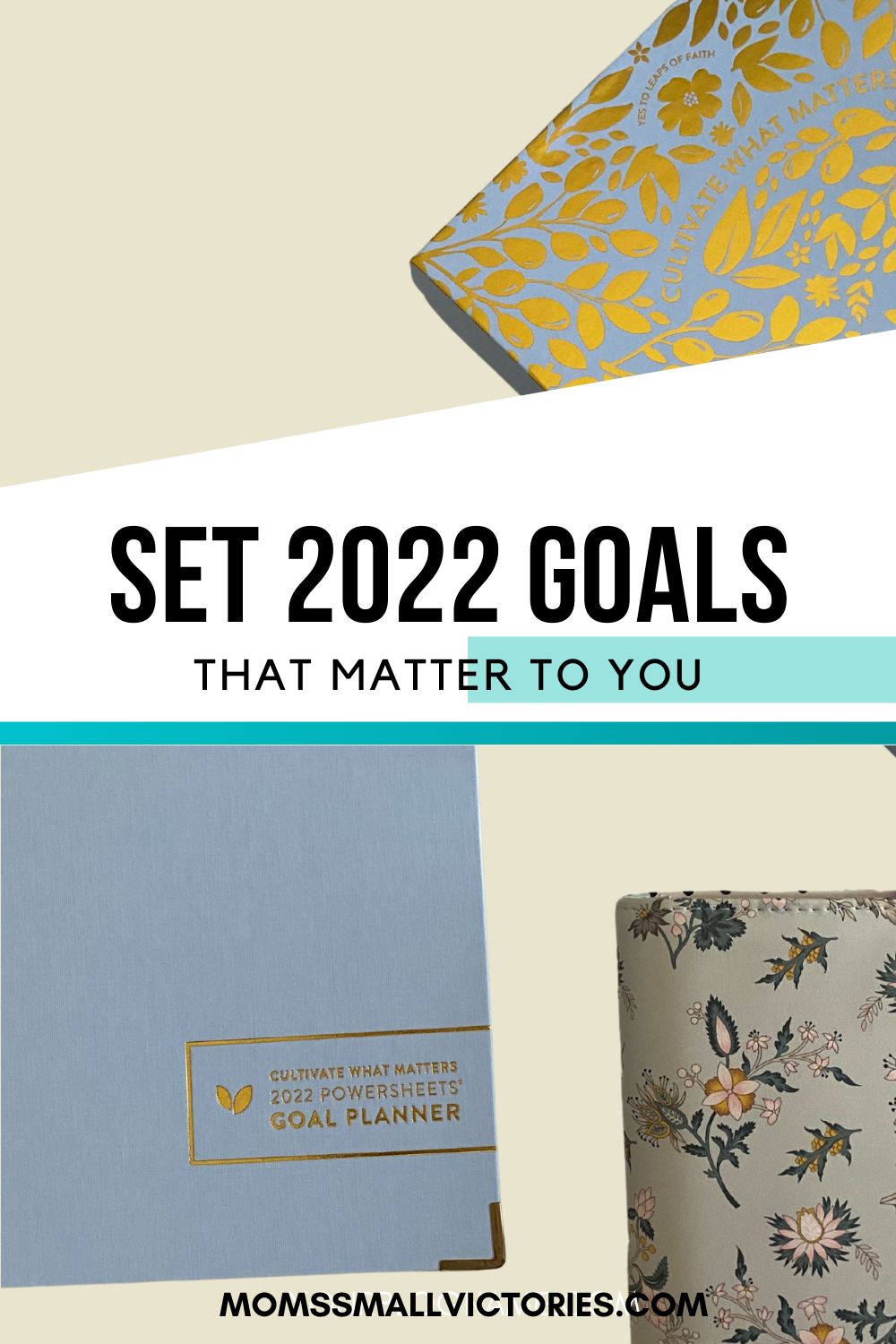Set the 2022 goals that matter to you and break them down into actionable steps you can achieve. Pictured: Powersheets goal planner in Clear Skies cover, Cultivate What Matters gold foiled keepsake box and Franklin Planner Wild Asparagus green floral binder.