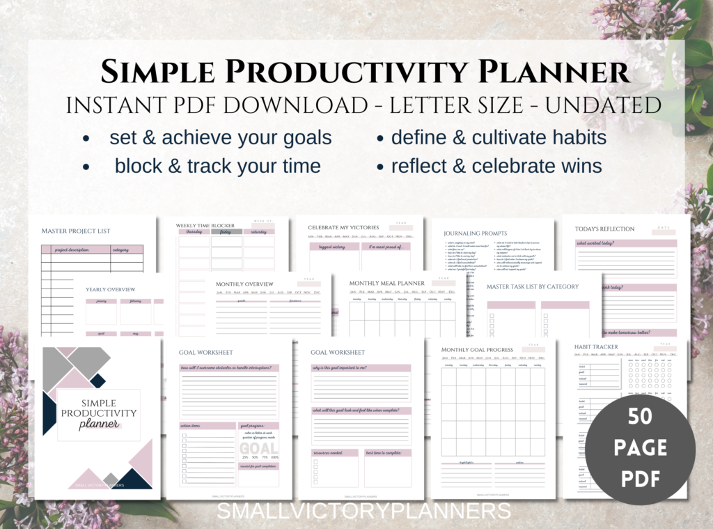 The Simple Productivity Printable Planner is a set of 50 printable worksheets that will help you be more productive in 2022. This planner will allow you to: 1. set and achieve your goals, 2. organize the tasks and projects running through your mind, 3. block, plan and track your time, 4. define and cultivate meaningful habits, and 5. reflect and journal to celebrate your wins and learn what works for you. 