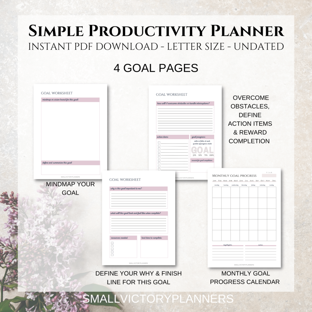 the goal pages in SmallVictoryPlanners on Etsy's Simple Productivity Planner look like. They will help you identify and knock out your goals!