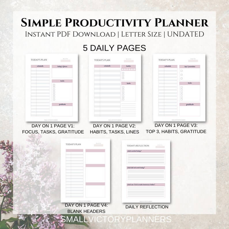 simple productivity planner by smallvictoryplanners on etsy. pictured are the daily pages included in the planner including 4 different layouts and a daily reflection pages. 