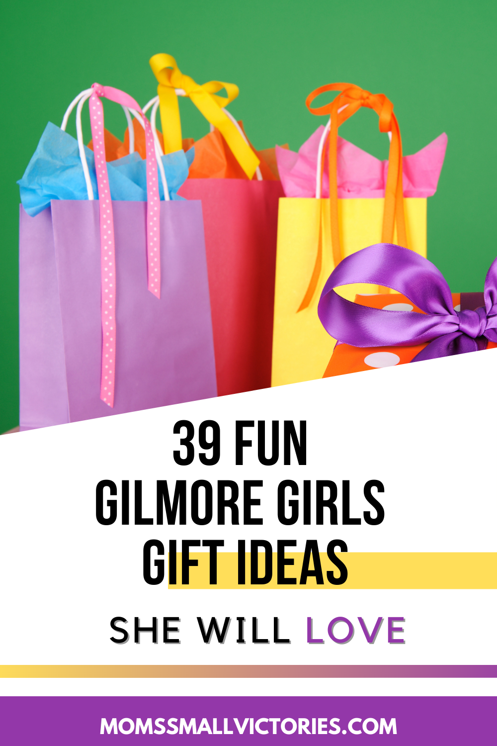 30 Fun Glmore Girls Gift Ideas She will love. Brightly colored purple, red and yellow gift bags on a bright green background.
