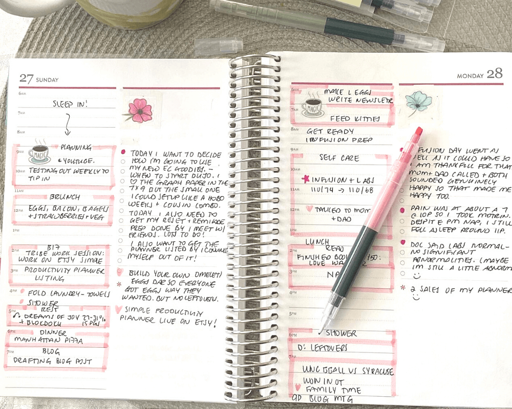 my Erin Condren daily duo open to March 27 on the left hand page and March 28 on the right hand page. Each page has a daily schedule on the left from 6am to 8 pm and pink outlined time blocks with tasks inside. The to do list space is use for journaling.