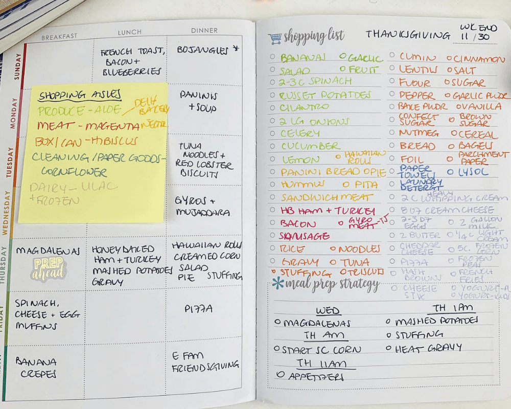 Erin Condren petite meal planner laid open. a weekly menu plan on the left page and a shopping list and meal prep strategy on the right page. filled in sample week for thanksgiving.