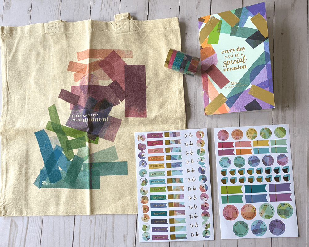 Erin condren planner accessories in Harmony colorful theme - tote bag, sticker sheets and sticker book pictured