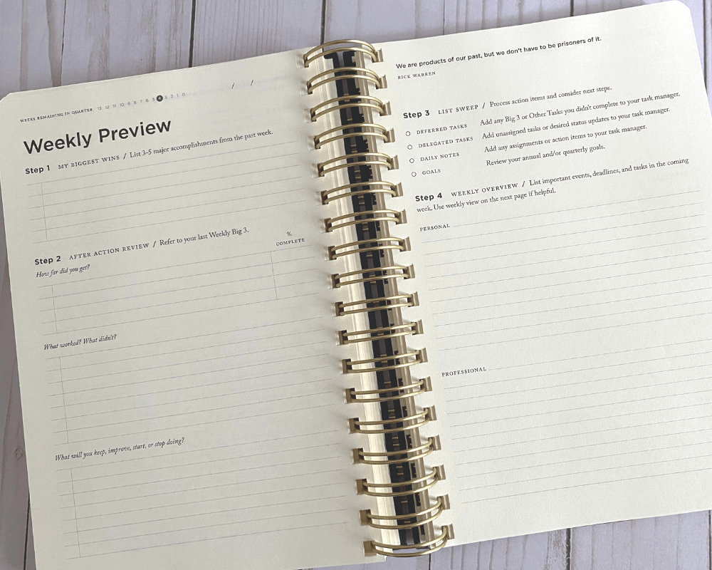 full focus planner flipped open to the weekly preview pages. the paper is cream colored with black font and includes prompts to review your week including what worked, what didn't, what will you stop doing and keep doing, a list sweep and an overview to write down personal and professional tasks for the upcoming week
