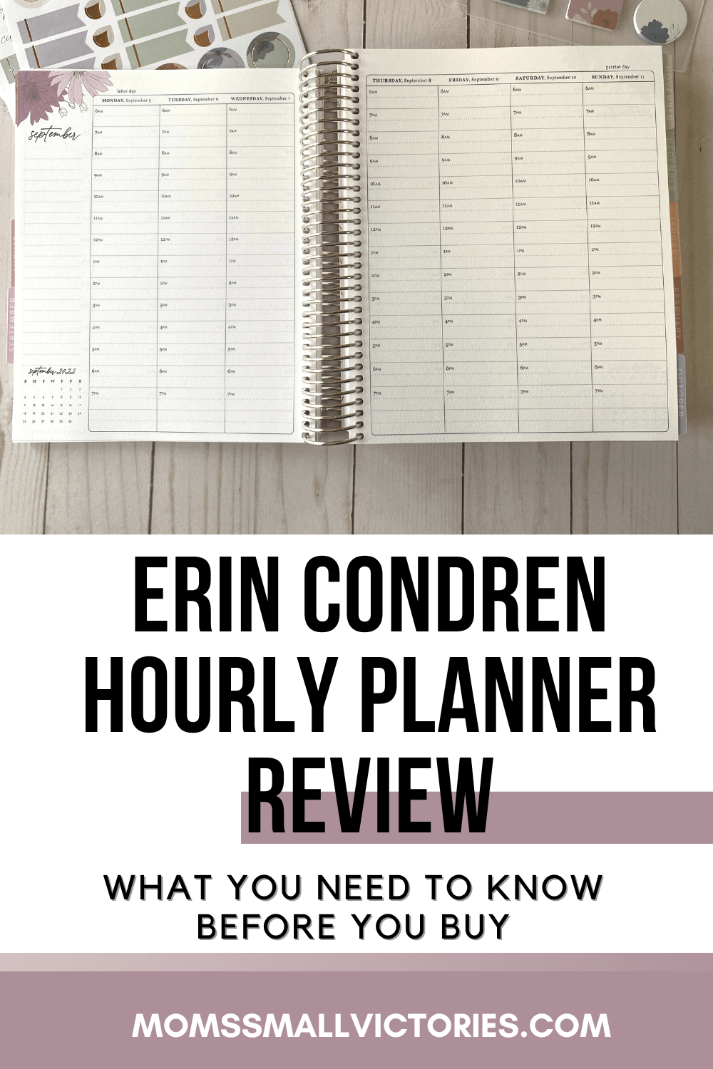 Erin Condren Hourly Planner review: what you need to know before you buy. Picture shows the Erin Condren hourly planner open to a week in September 2022 lying on top of a light wood background with some sticker sheets underneath it in the top.