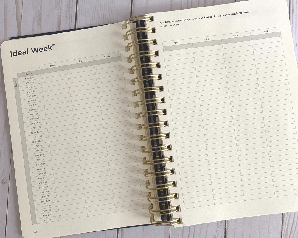 full focus planner review - wire bound planner with cream colored paper is open to the ideal week pages. on the left page is 4 columns for the time in 30 minute increments from 5 am to 9pm and Monday through Wednesday. The right page has 4 columns labeled Thursday through Sunday
