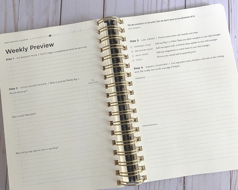 full focus planner review - wire bound planner with cream colored paper is open to the weekly preview pages with spaces for big wins, after action review, list sweep checklist and weekly overview 